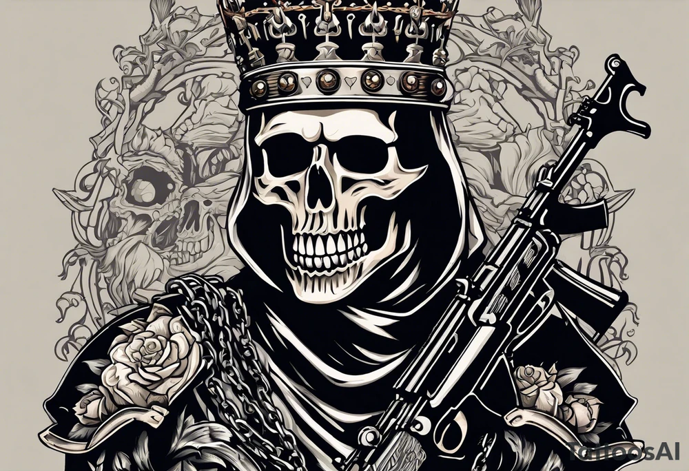 image of a skeleton standing frontally with a crown on his head, holding an AK-47 on his shoulder with his right hand. The chain on the left should be taut, there are three angry barking Dobermans in it, near the waist tattoo idea