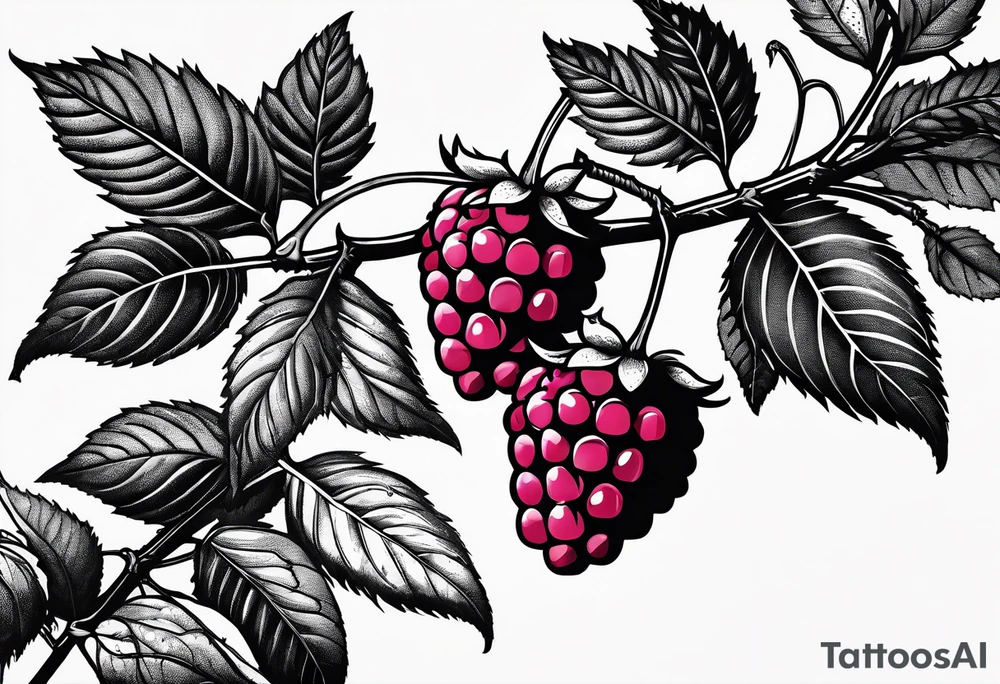a single long raspberry branch with lots of leaves that is hanging upside down in black and white tattoo idea