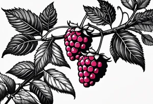 a single long raspberry branch with lots of leaves that is hanging upside down in black and white tattoo idea