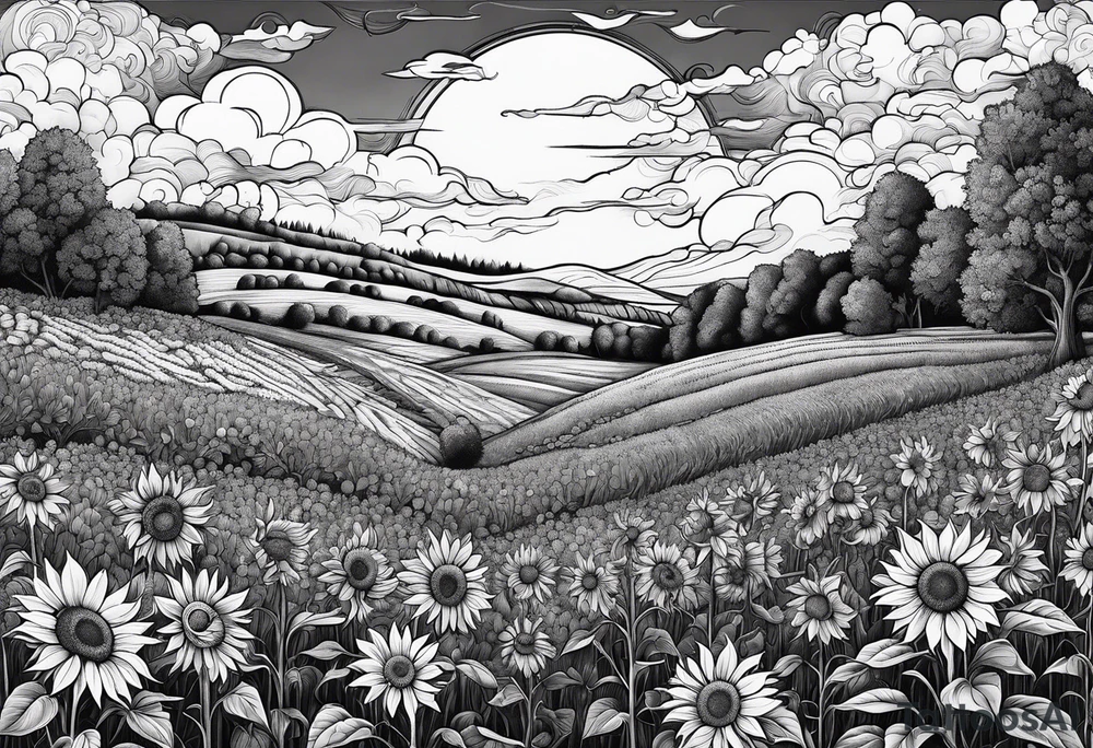 beautiful and heavily detailed sunflower meadow valley with two large bumble occupying the sky with awe inspiring cumulous clods tattoo idea