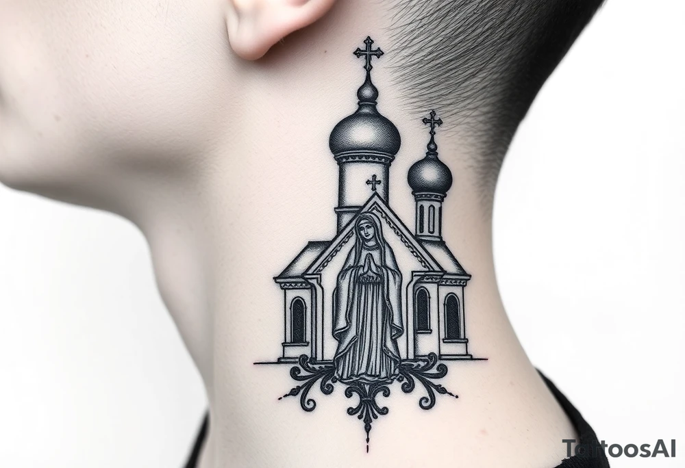 medium traditional russian orthodox church with russian coat arms and virgin mary on the side of the neck tattoo idea