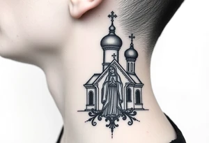 medium traditional russian orthodox church with russian coat arms and virgin mary on the side of the neck tattoo idea