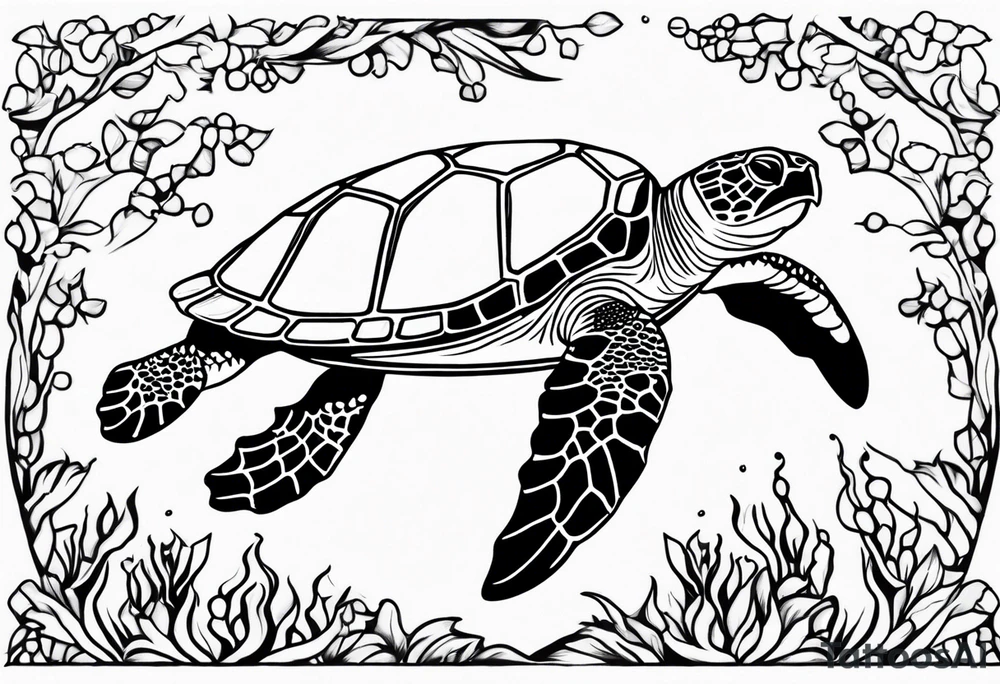 Sea turtle swimming through coral tattoo idea