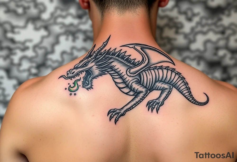 fierce dragon breathing iridescent fire against stormy skies tattoo idea