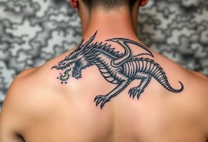 fierce dragon breathing iridescent fire against stormy skies tattoo idea
