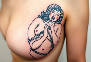 Naked Woman in restraints, with her mouth held agape by a man tattoo idea