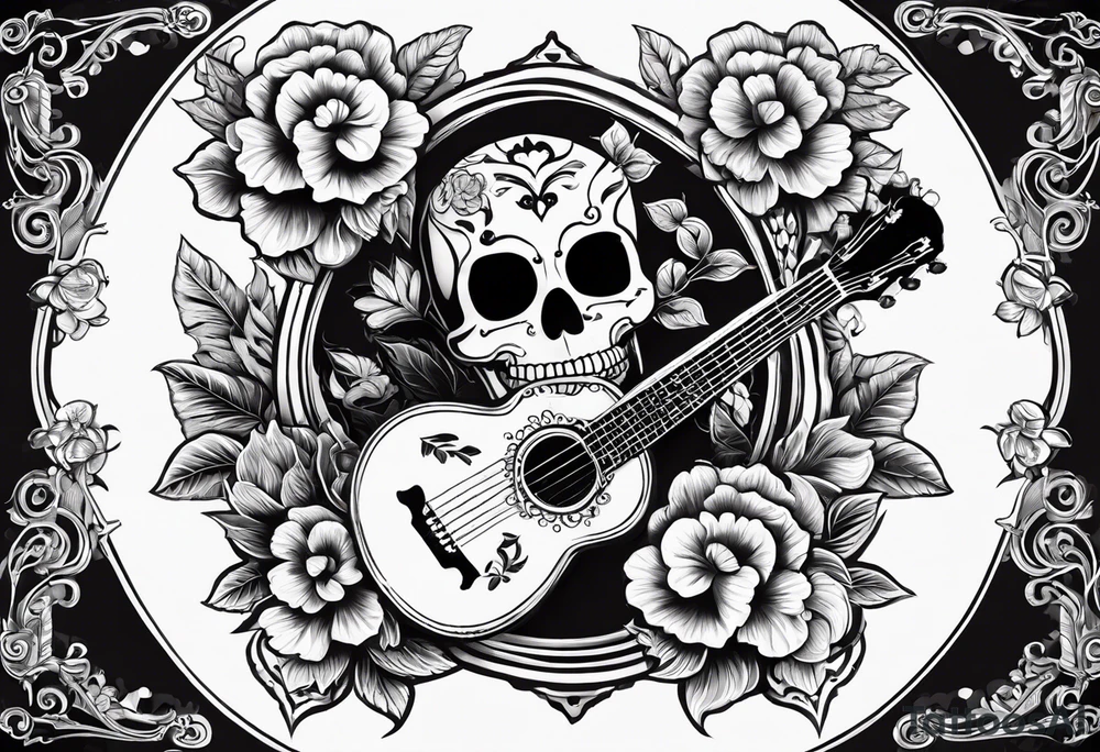 a male and a female skeleton. The male skeleton is playing the guitar. The female skeleton has a hibiscus flower. tattoo idea