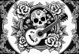 a male and a female skeleton. The male skeleton is playing the guitar. The female skeleton has a hibiscus flower. tattoo idea