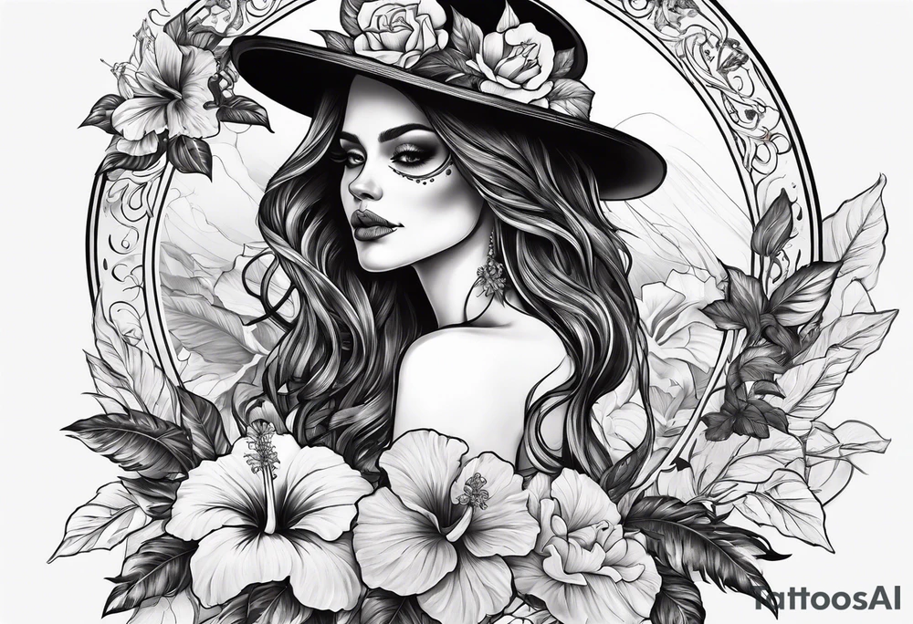 a full body female skeleton with hibiscus flower. tattoo idea