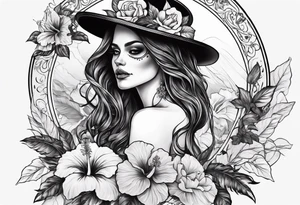 a full body female skeleton with hibiscus flower. tattoo idea