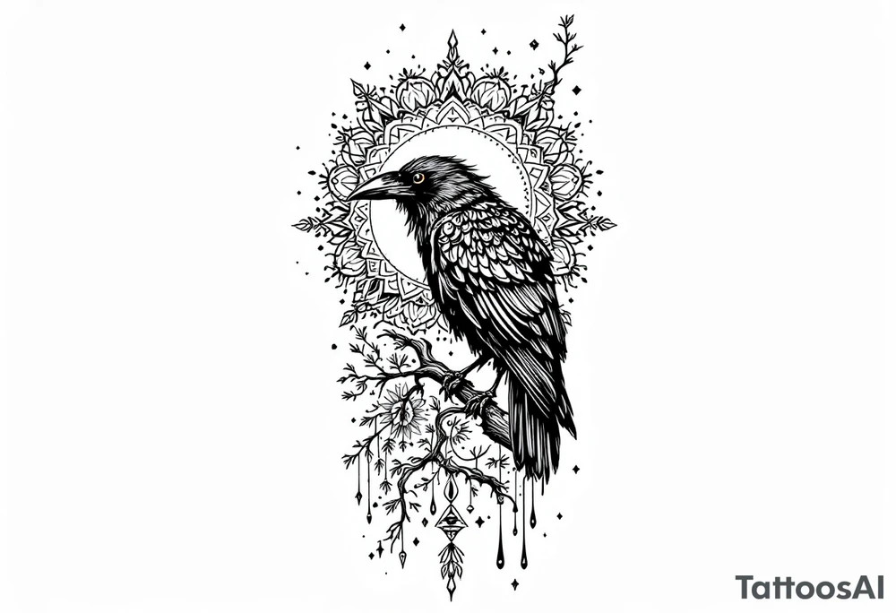 laeft arm tattoo of a raven on a branch surrounded by mandala tattoo idea