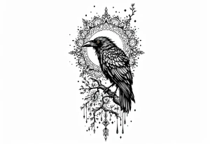 laeft arm tattoo of a raven on a branch surrounded by mandala tattoo idea