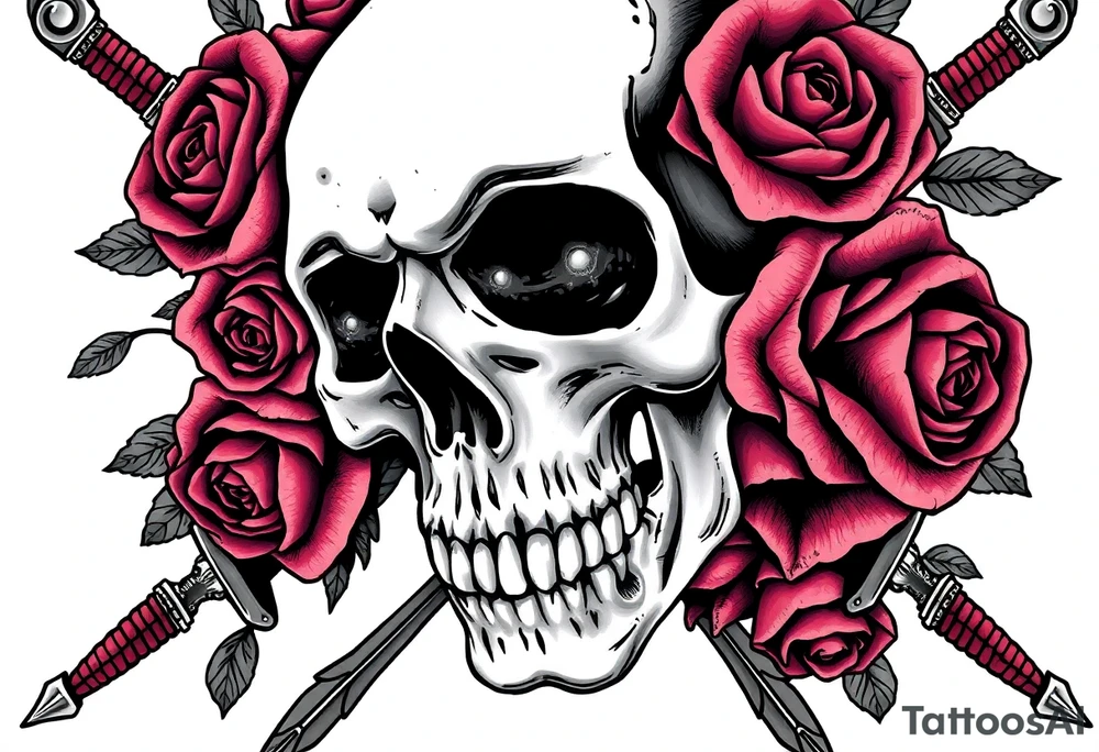 Close-up of a skull entwined with dark blooming roses, ornate broadswords. tattoo idea