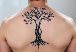back tattoo with proverbs 31 with tree of life woman tattoo woman’s body as the trunk with no head  with roots and branches from neck with  small flowers from a few branches tattoo idea