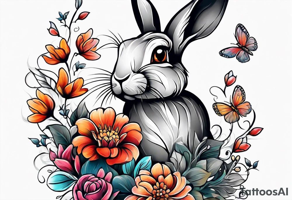 Rabbit and flowers, spine tattoo cover up long tattoo tattoo idea