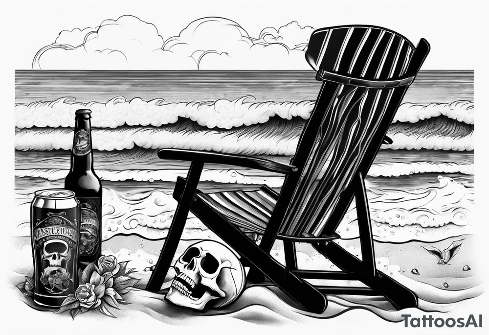 Skull smoke on the beach sitting in a beach chair with a beer in its hand tattoo idea