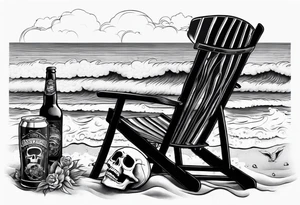 Skull smoke on the beach sitting in a beach chair with a beer in its hand tattoo idea