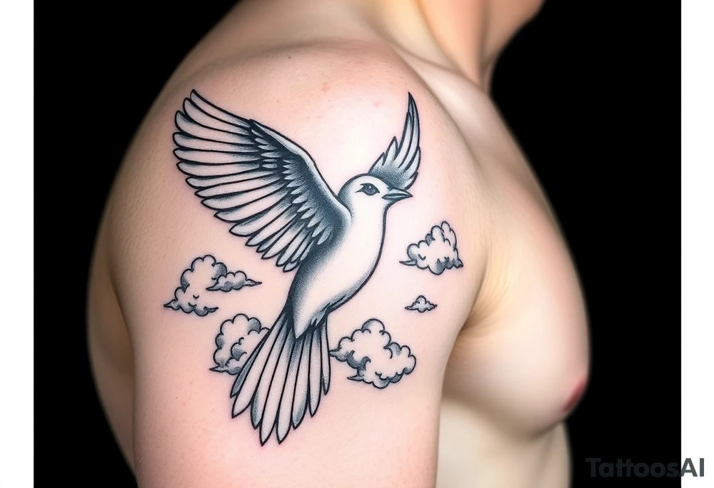 Dove and a blue jay, clouds, shining light to or from heaven tattoo idea