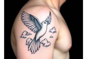 Dove and a blue jay, clouds, shining light to or from heaven tattoo idea