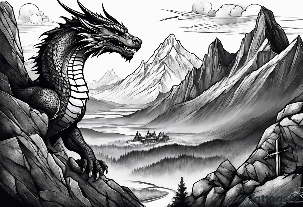 Slyrim mountain landscape with bleak falls barrow and a dragon eye in the sky tattoo idea