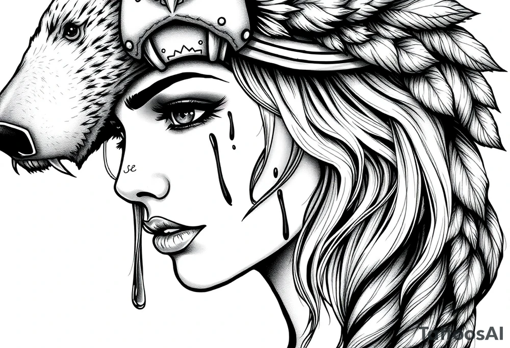 Beautiful Womans shedding a tear, with battle scars and blood on face, wearing a mean looking bear headdress on head tattoo idea