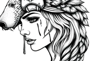 Beautiful Womans shedding a tear, with battle scars and blood on face, wearing a mean looking bear headdress on head tattoo idea