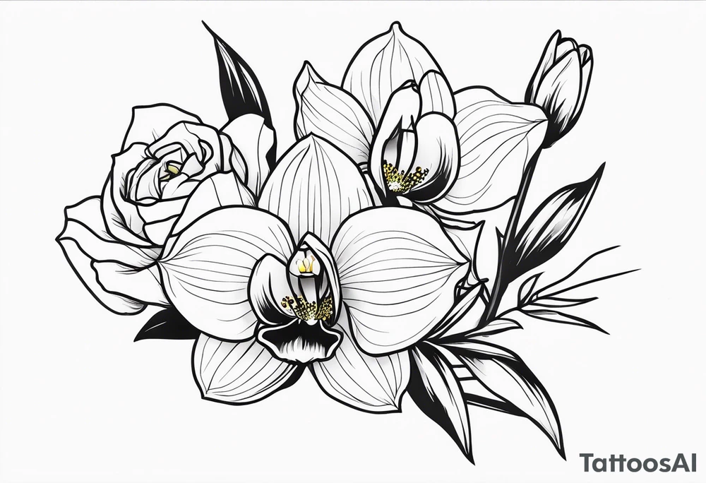 Cymbidium orchid and roses tattoo idea