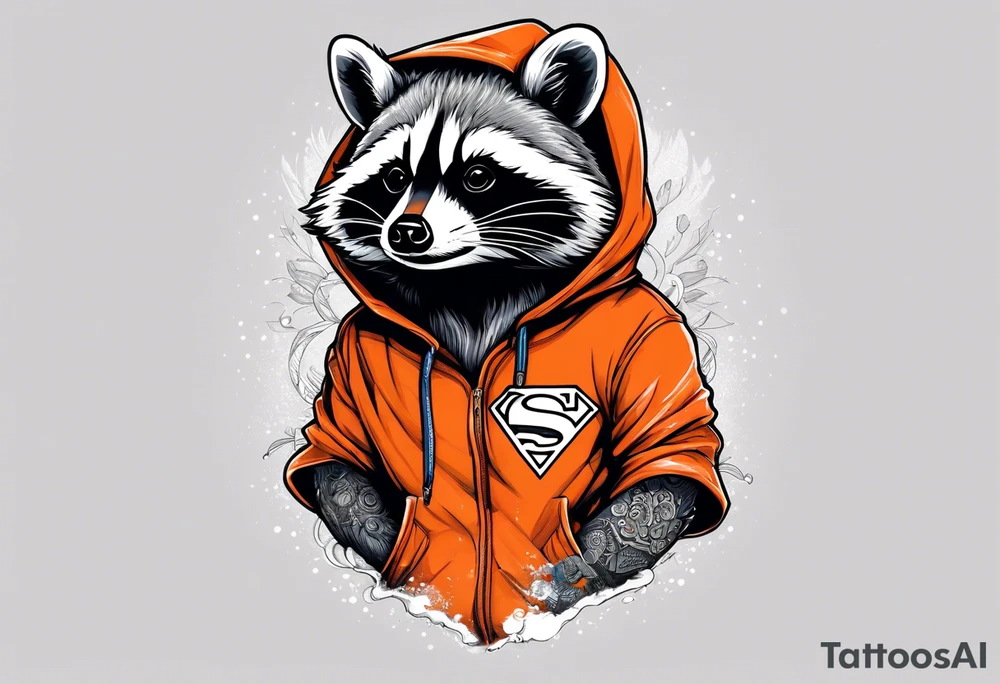 Raccoon wearing an orange Superman hoodie tattoo idea