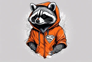 Raccoon wearing an orange Superman hoodie tattoo idea