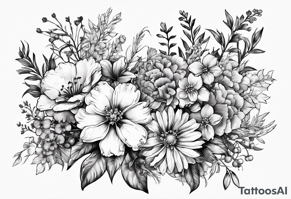 Floral bouquet with a larkspur, carnation, violet and daisy tattoo idea
