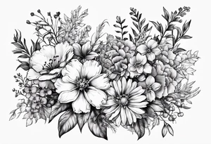 Floral bouquet with a larkspur, carnation, violet and daisy tattoo idea