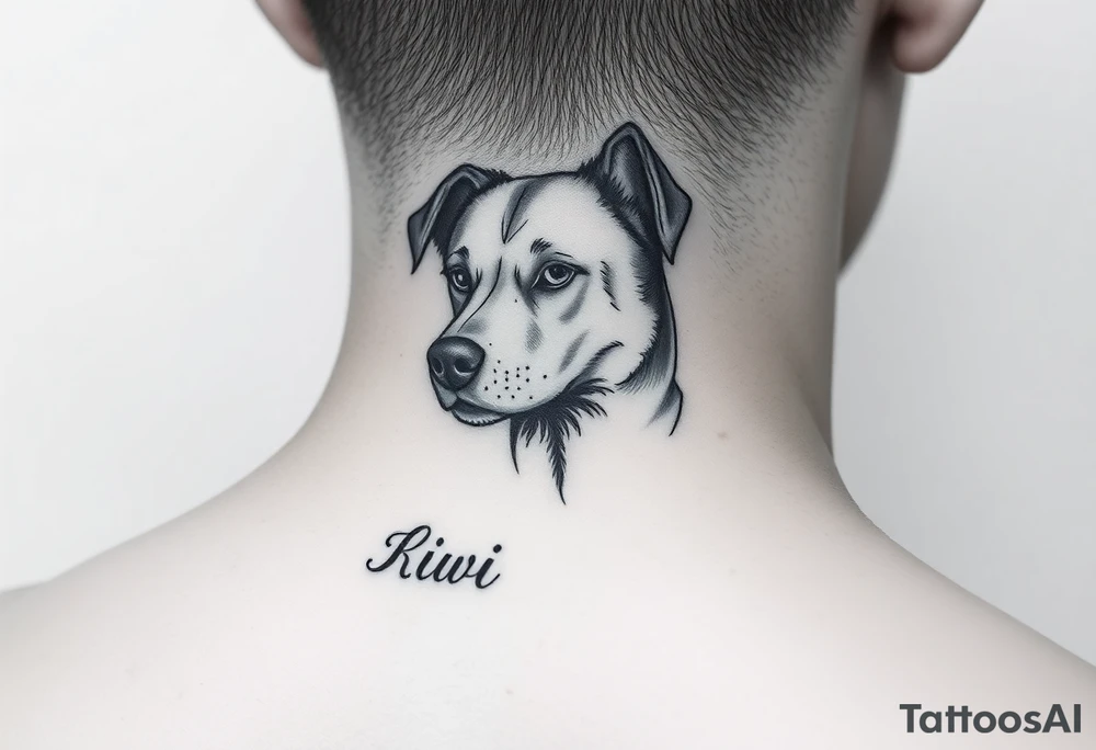 One lined black ink art . Of dog/Aquarius elegant portrait. With the name Kiwi tattoo idea