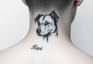 One lined black ink art . Of dog/Aquarius elegant portrait. With the name Kiwi tattoo idea