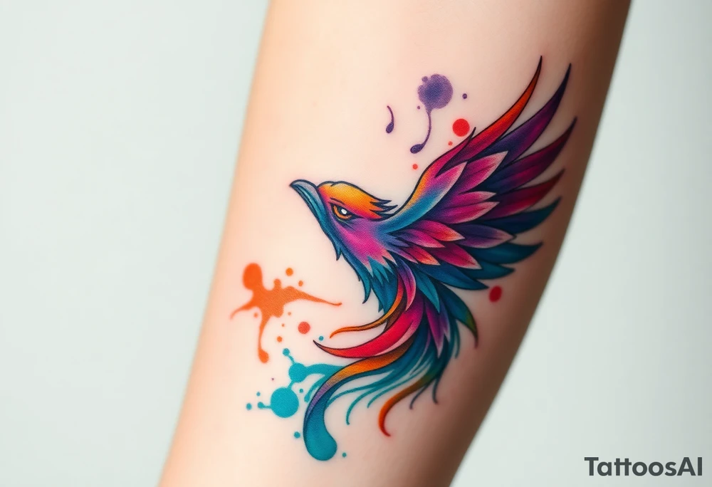 Phoenix in flames with purple, blue, orange, teal and green splashes, looking upwards with angry eye. No black outline. tattoo idea