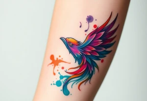 Phoenix in flames with purple, blue, orange, teal and green splashes, looking upwards with angry eye. No black outline. tattoo idea