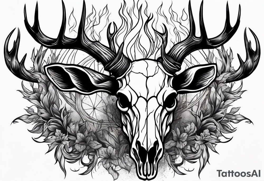A scary decayed deer skull head with flames and trees tattoo idea