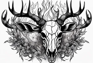A scary decayed deer skull head with flames and trees tattoo idea