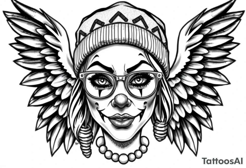 Clown Girl eye glasses 
Thug Beanie Angelic Wings tattoo idea