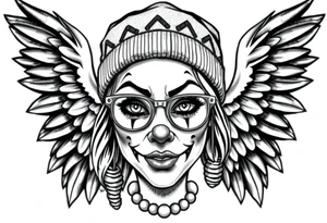 Clown Girl eye glasses 
Thug Beanie Angelic Wings tattoo idea