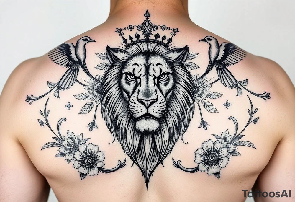 powerful majestic lion with a crown, surrounded by floral ornaments and birds tattoo idea