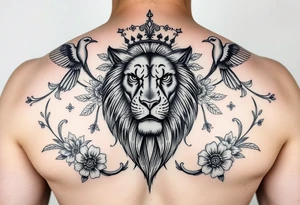 powerful majestic lion with a crown, surrounded by floral ornaments and birds tattoo idea