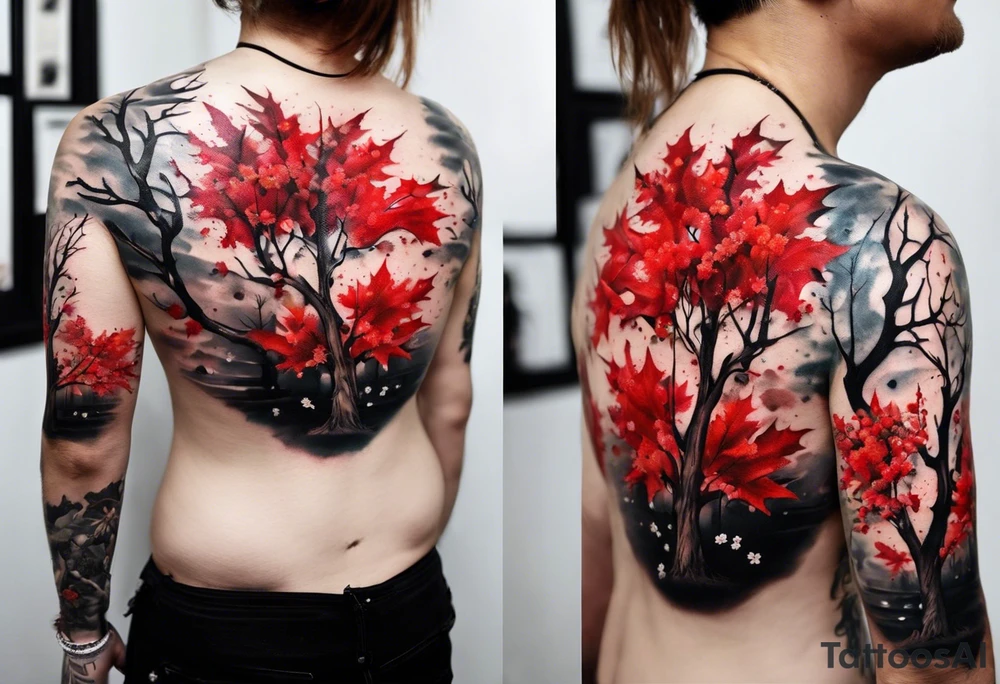 trash polka style. Arm tattoo. chest tattoo. Long tattoo. large tattoo. Full sleeve. Shoulder. A single large maple tree with red autumn leaves that branches upwards from wrist to shoulder. White-throated dipper bird on the trees branches. Calluna flowers at the base of the trees stem. Leaves falling. tattoo idea