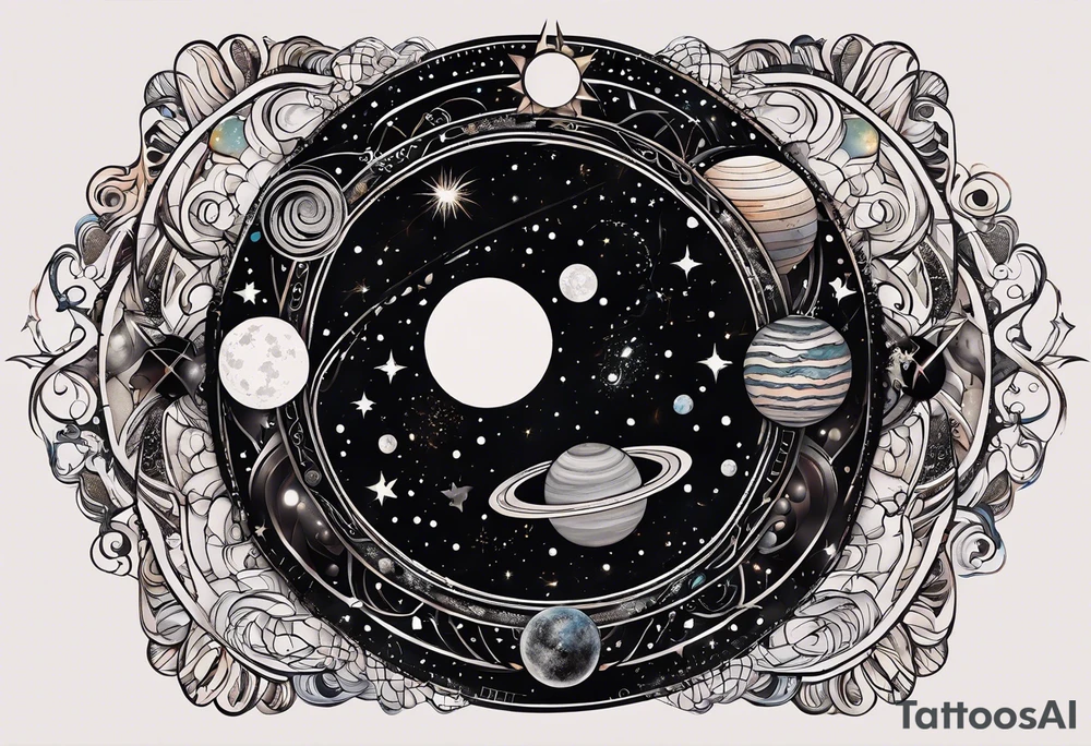 A tattoo featuring a cosmic scene with planets, black holes, and supernovae intertwined with intricate linguistic symbols, reflecting the client's interests in cosmology and linguistics. tattoo idea