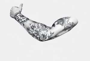 porcelain blue style with ornate and floral decor with a detailed banded border at the wrist and elbow. add animal decor also tattoo idea