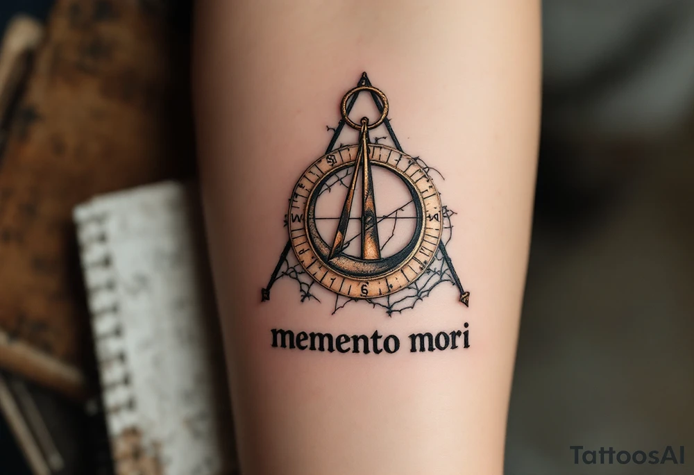 A cracked sundial in old bronze hues, casting a shadow over the words "memento mori" in distressed serif type. tattoo idea