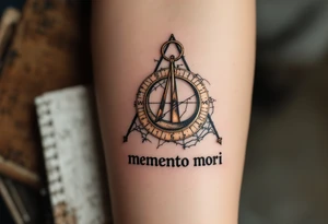 A cracked sundial in old bronze hues, casting a shadow over the words "memento mori" in distressed serif type. tattoo idea