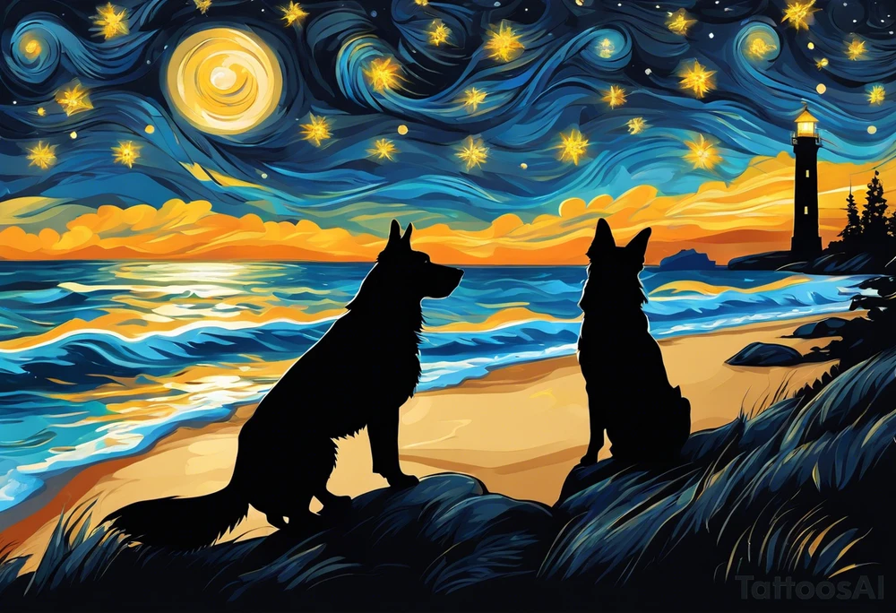 A silhouette of a german shephard, and an adult human male, looking up at a night sky in the style of Van Gogh Starry Night with a lighthouse in the background. Make the image twice as tall as it is wide. tattoo idea
