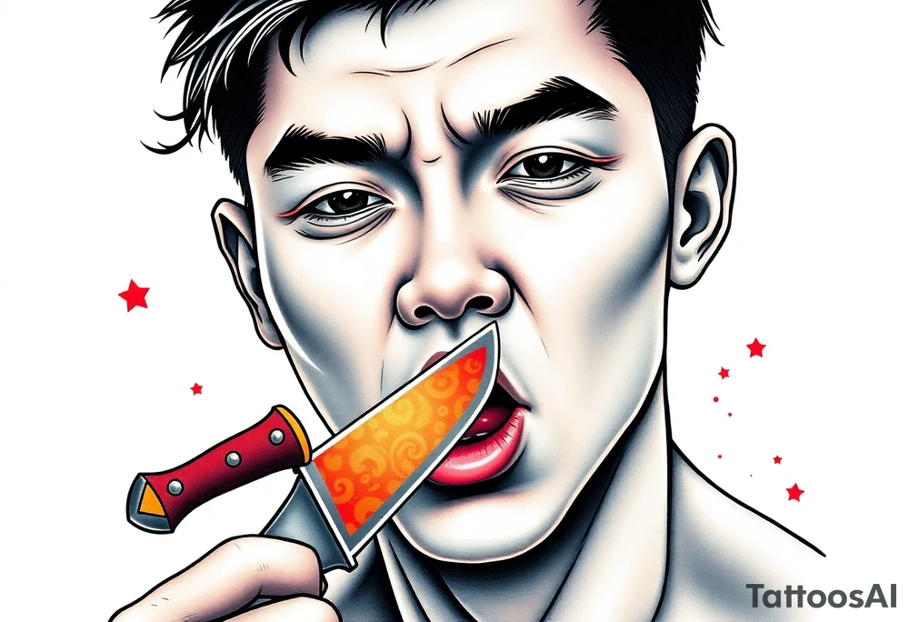 Handsome Asian young guy is licking a ritual knife tattoo idea
