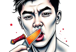 Handsome Asian young guy is licking a ritual knife tattoo idea