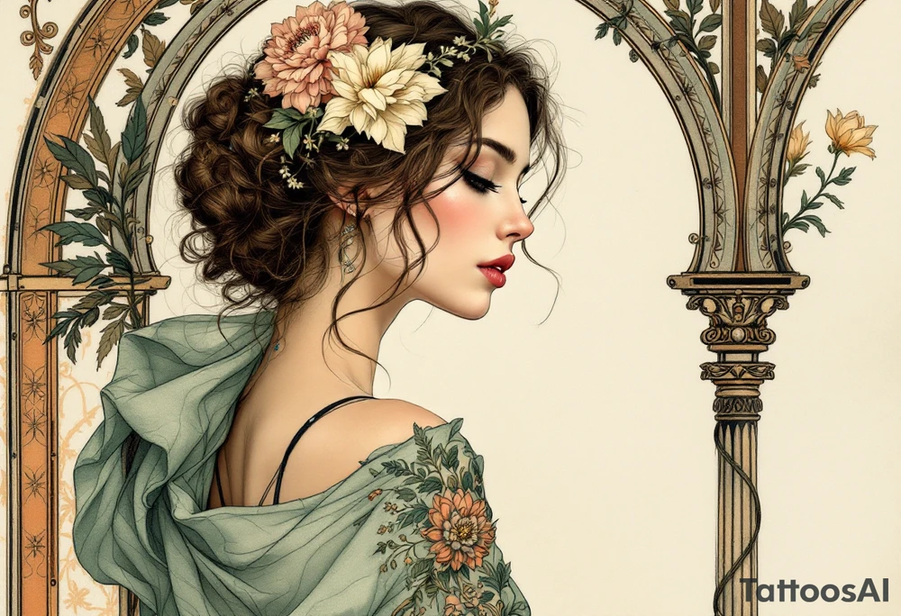 Alfons Mucha’s dreamy portrait of a woman with flowers in her hair, posed against an ornate arch in aged brass and soft sage. tattoo idea